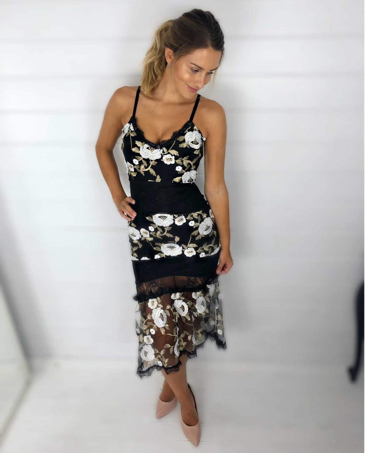 Black Midi Dress With Embroidered Floral Detail product image