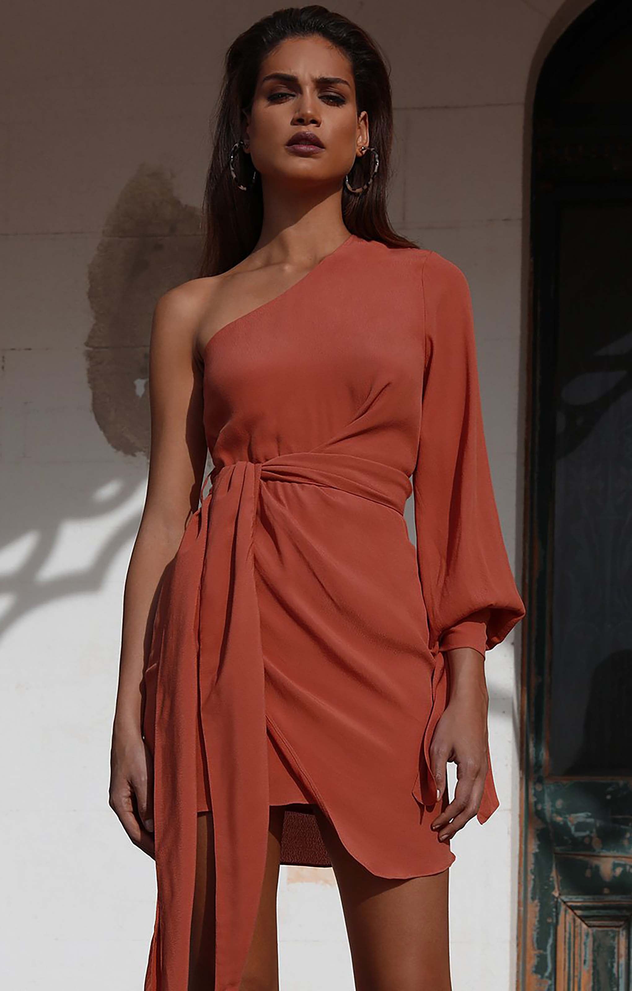 Prem The Label Burnt One Shoulder Mini Dress