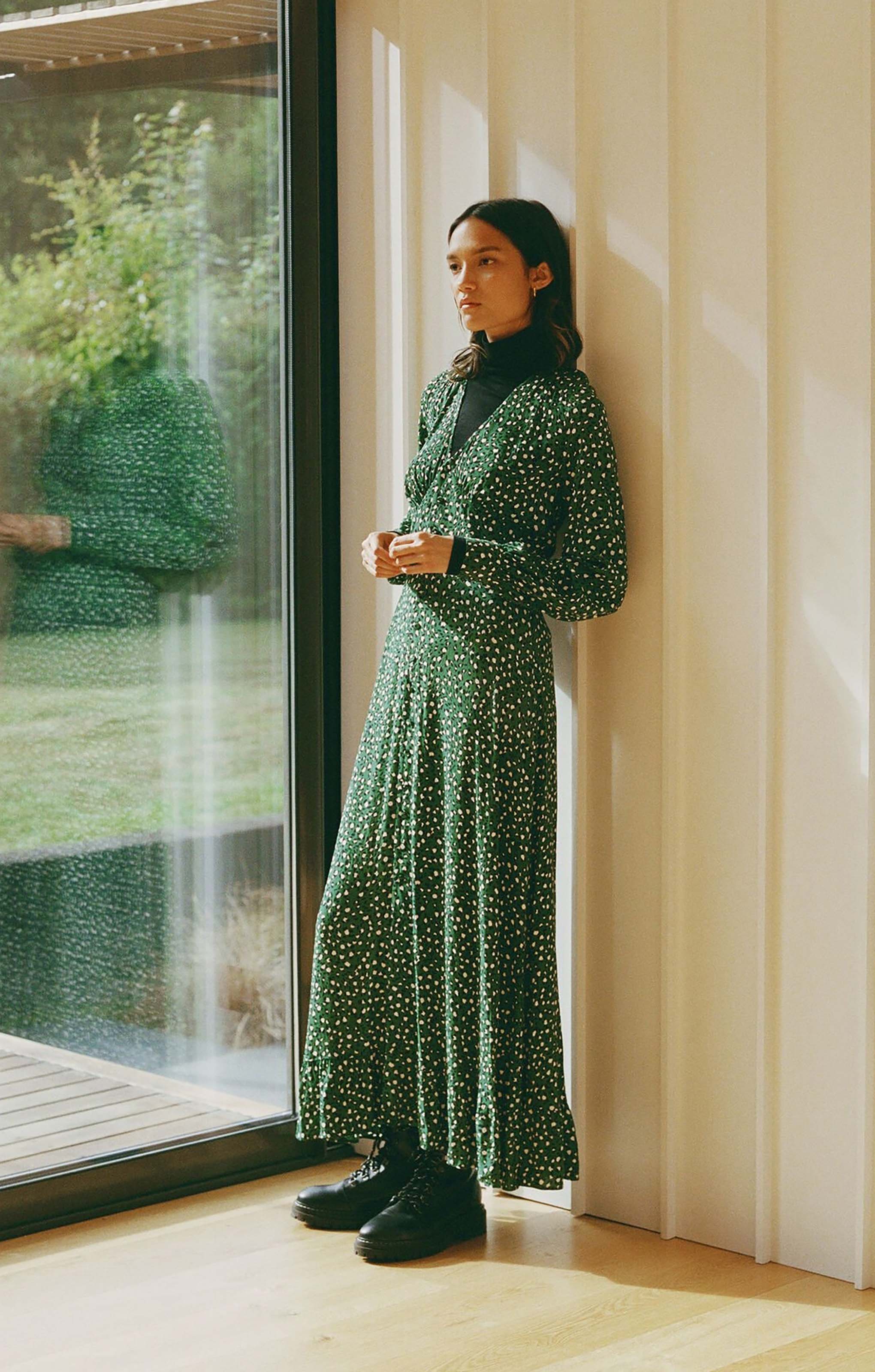 Whistles Green Leopard Printed Midi Dress