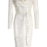 Lavish Alice Stretch Sequin Cowl Neck Midi Dress In Silver product image