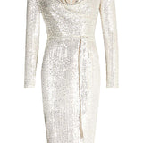 Lavish Alice Stretch Sequin Cowl Neck Midi Dress In Silver