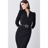 Karen Millen Structured Crepe Belted Forever Midi Dress – dresses by Karen Millen, available to rent from Hirestreet
