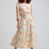Lily and Lionel Mia Ruffle Sleeve Moonflower Print Midi Dress In Cream