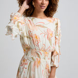 Lily and Lionel Mia Ruffle Sleeve Moonflower Print Midi Dress In Cream