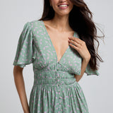 Lily and Lionel Savannah Flutter Sleeve Dove Print Midi Dress In Green