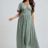 Lily and Lionel Savannah Flutter Sleeve Dove Print Midi Dress In Green