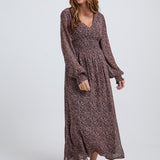 Lily and Lionel Pearl Ruched Waist Harvest Print Midi Dress In Brown