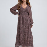 Lily and Lionel Pearl Ruched Waist Harvest Print Midi Dress In Brown