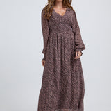 Lily and Lionel Pearl Ruched Waist Harvest Print Midi Dress In Brown