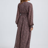 Lily and Lionel Pearl Ruched Waist Harvest Print Midi Dress In Brown