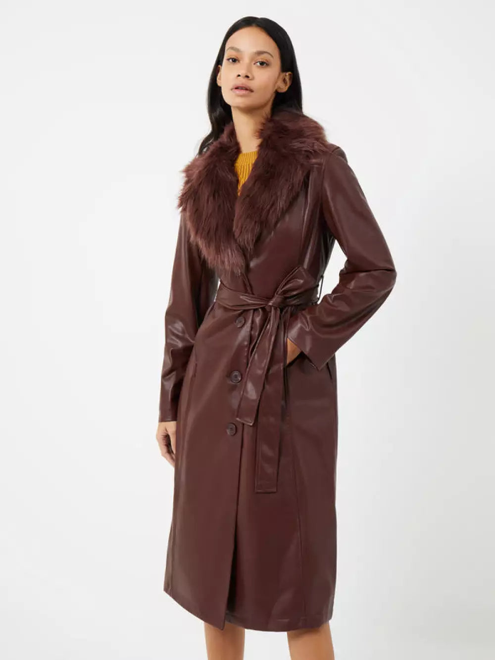 French Connection Etta Vegan Leather Faux Fur Long Coat