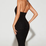Oh Polly Venice Embellished Plunge Halter Neck Midaxi Dress in Black