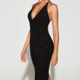 Oh Polly Venice Embellished Plunge Halter Neck Midaxi Dress in Black