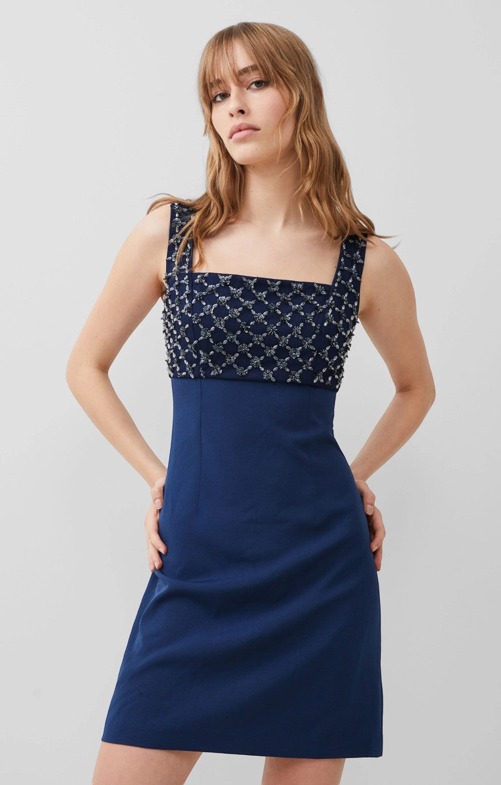 French Connection Embroidered Darcy Crepe Mini Dress in Midnight Blue