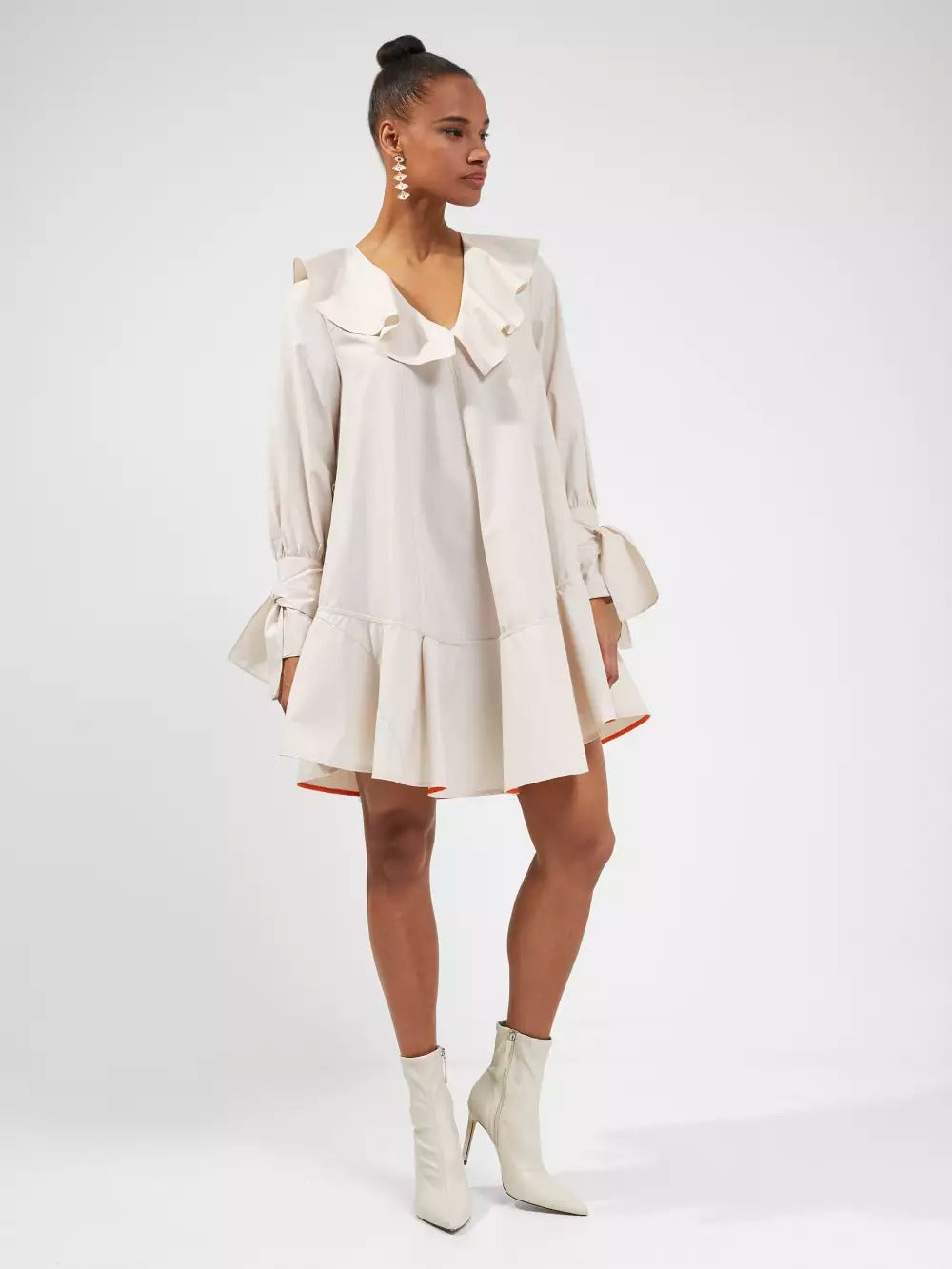 Rent French Connection Acantha Organic Striped V Neck Dress Linen White Camel Hirestreet