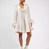 French Connection Acantha Organic Striped V-Neck Dress Linen White/ Camel product image