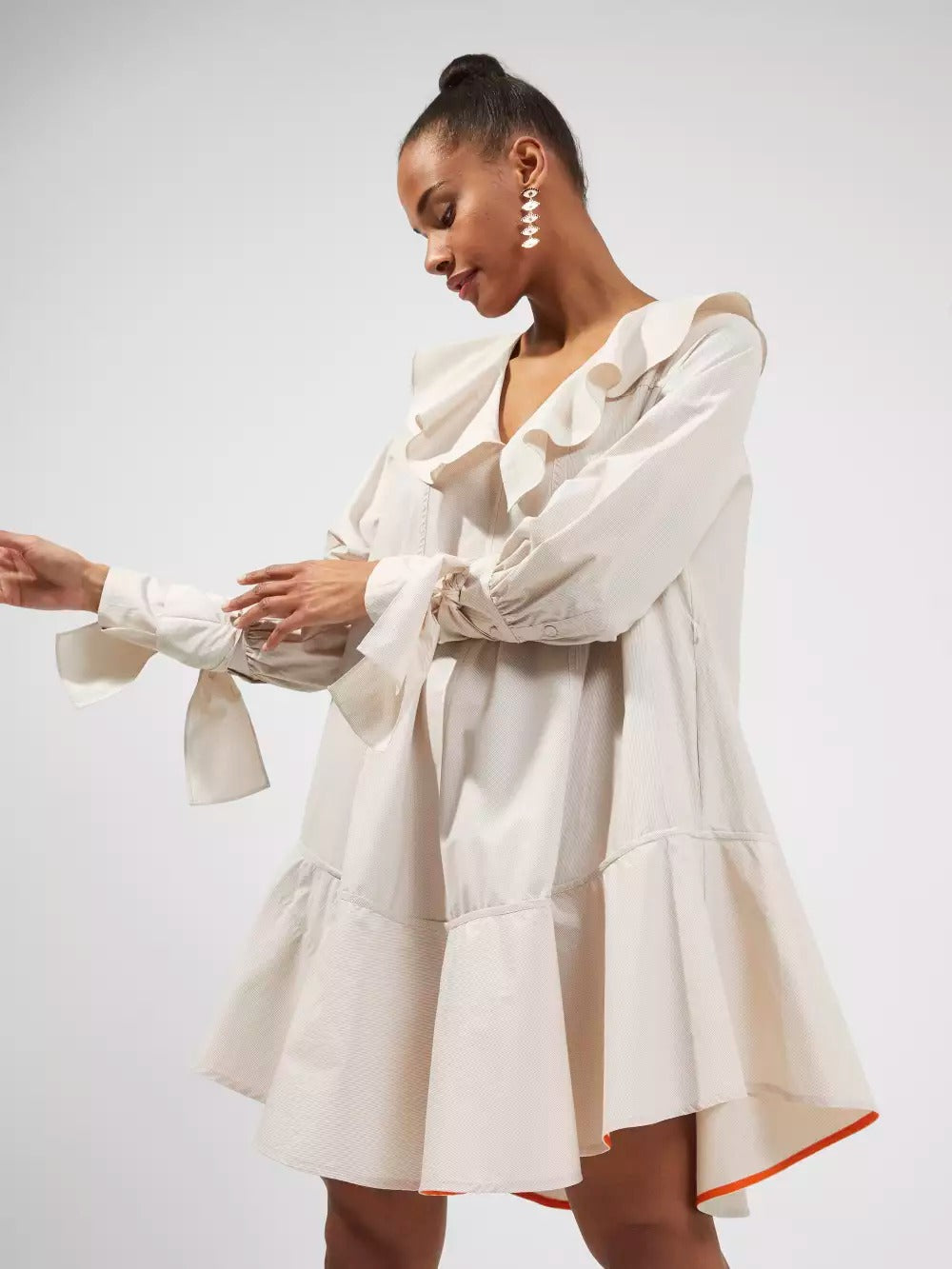 French Connection Acantha Organic Striped V-Neck Dress Linen White / Camel
