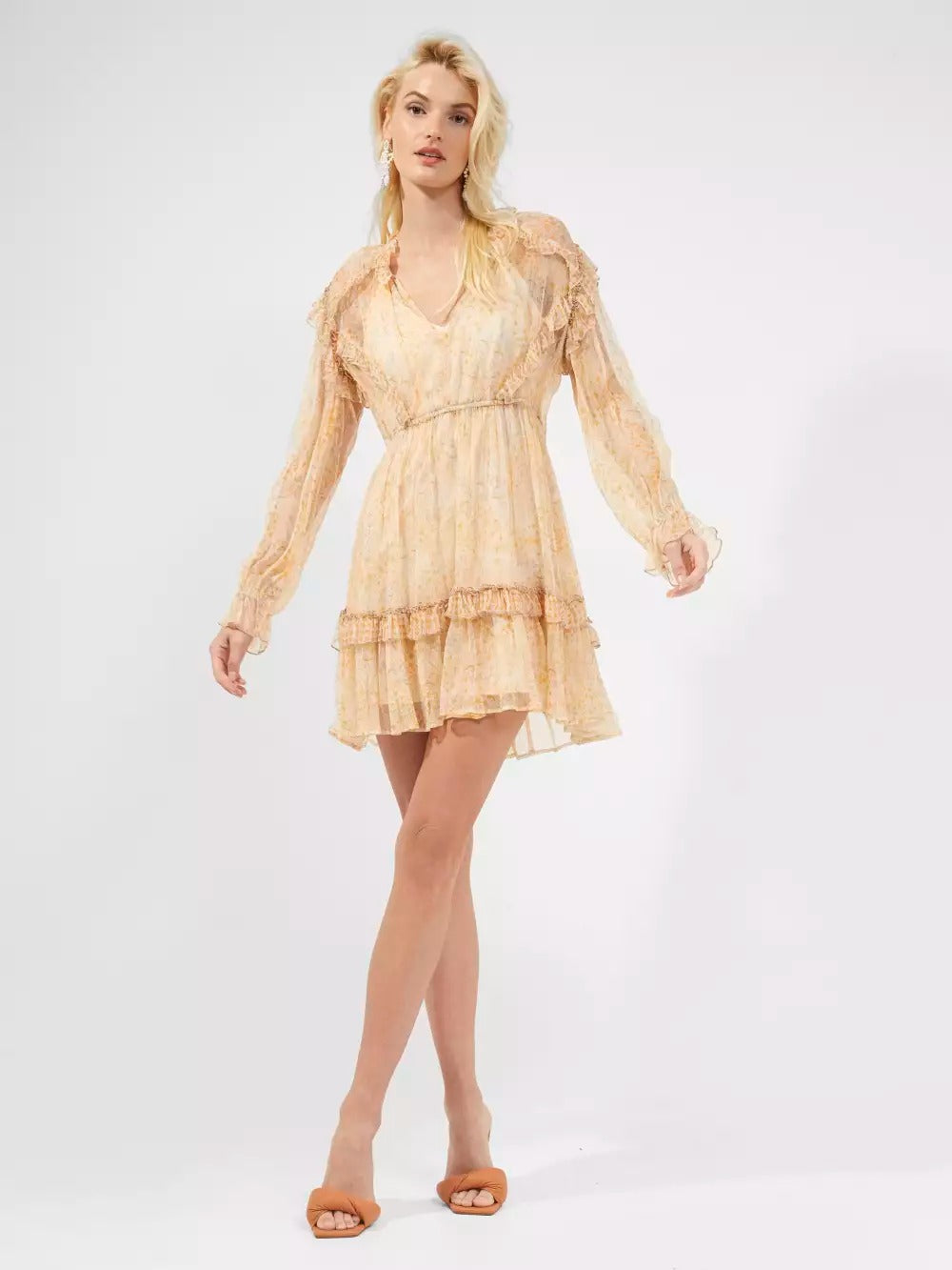 French Connection Callie Crinkle Ruffle Mini Dress Oak Buff