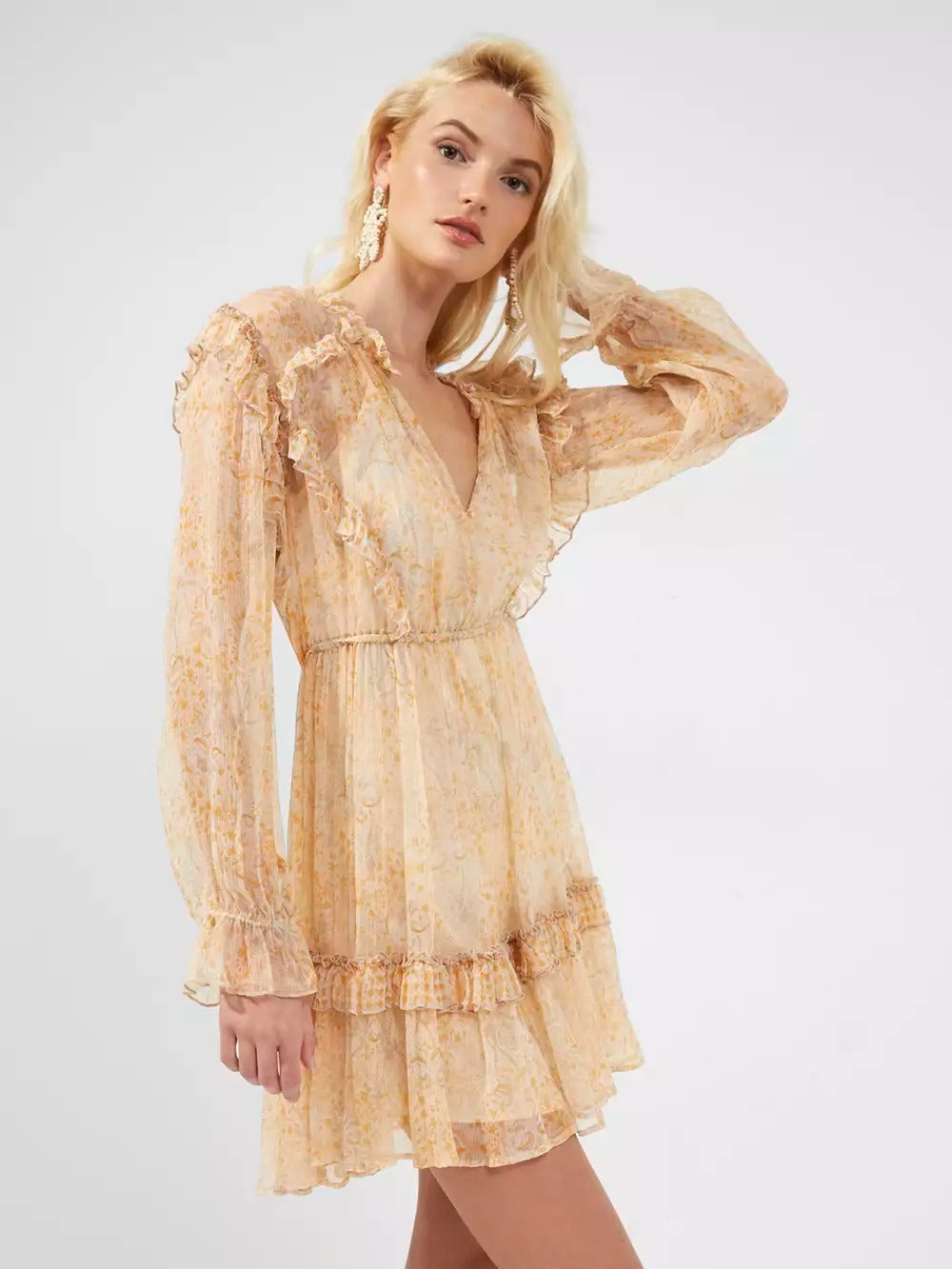 French Connection Callie Crinkle Ruffle Mini Dress Oak Buff