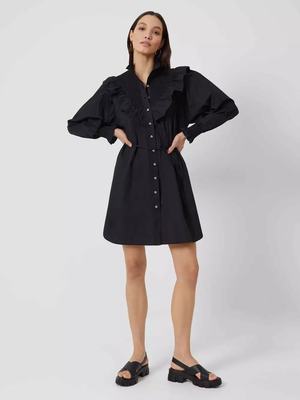 French Connection Organic Poplin Smock-Neck Black Dress