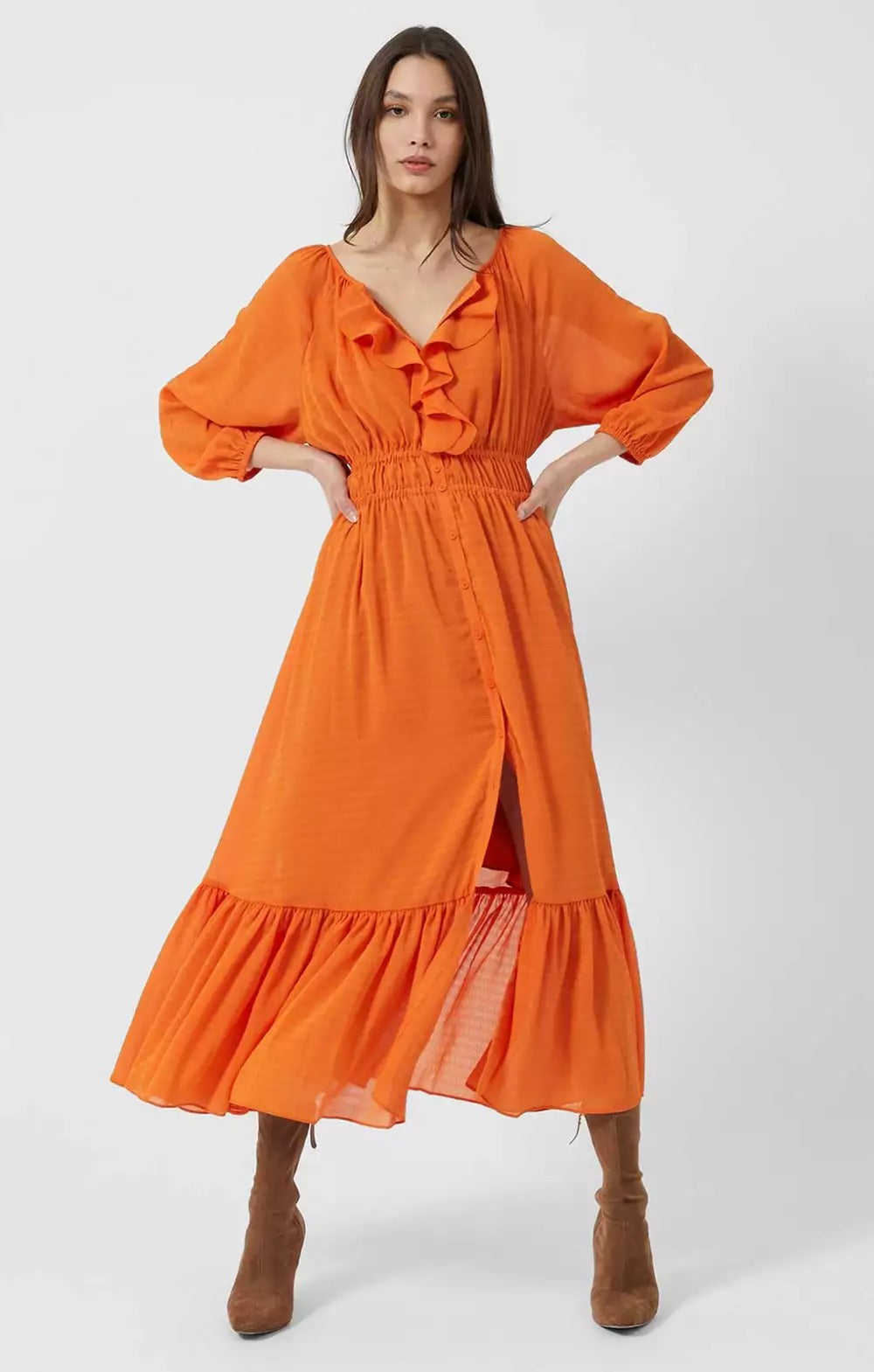 French Connection Anna Cora Pleated Button Down Maxi Dress Orange