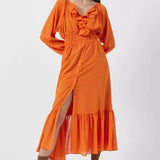French Connection Anna Cora Pleated Button Down Maxi Dress Orange