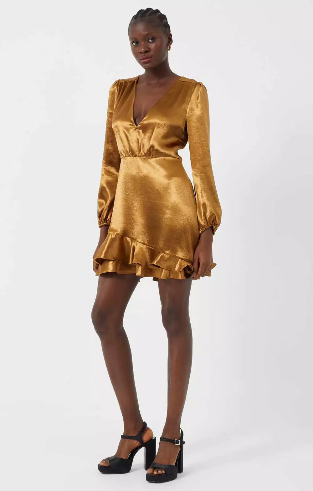 French Connection Denney Satin Long Sleeve Satin V-neck Dress
