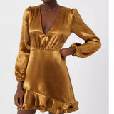 French Connection Denney Satin Long Sleeve Satin V-neck Dress