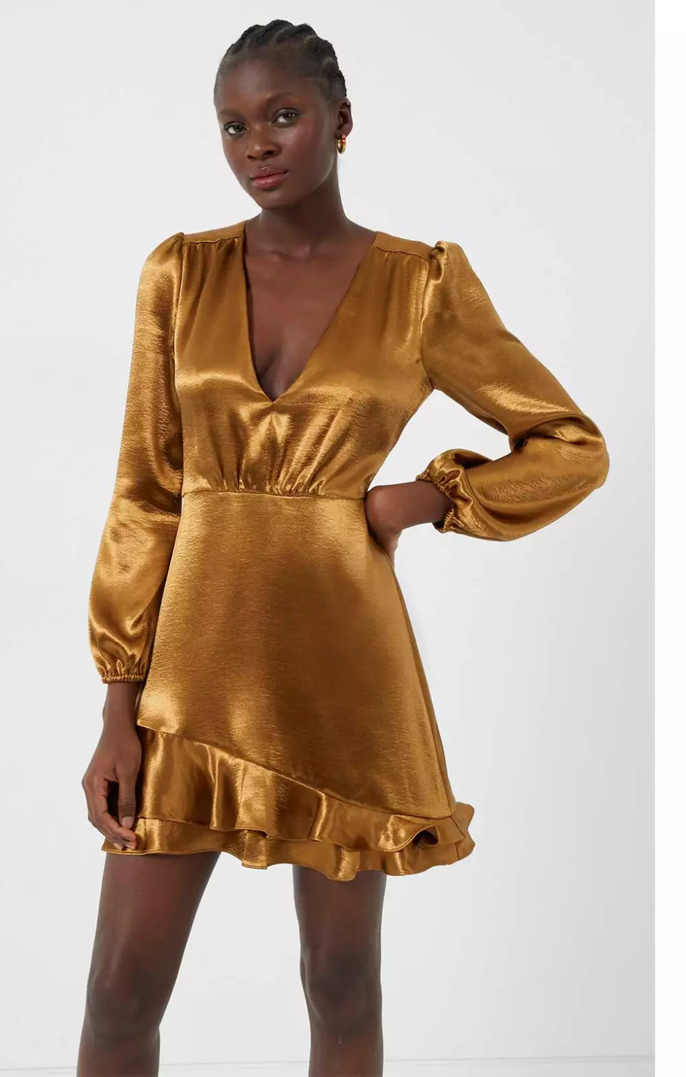 French Connection Denney Satin Long Sleeve Satin V-neck Dress