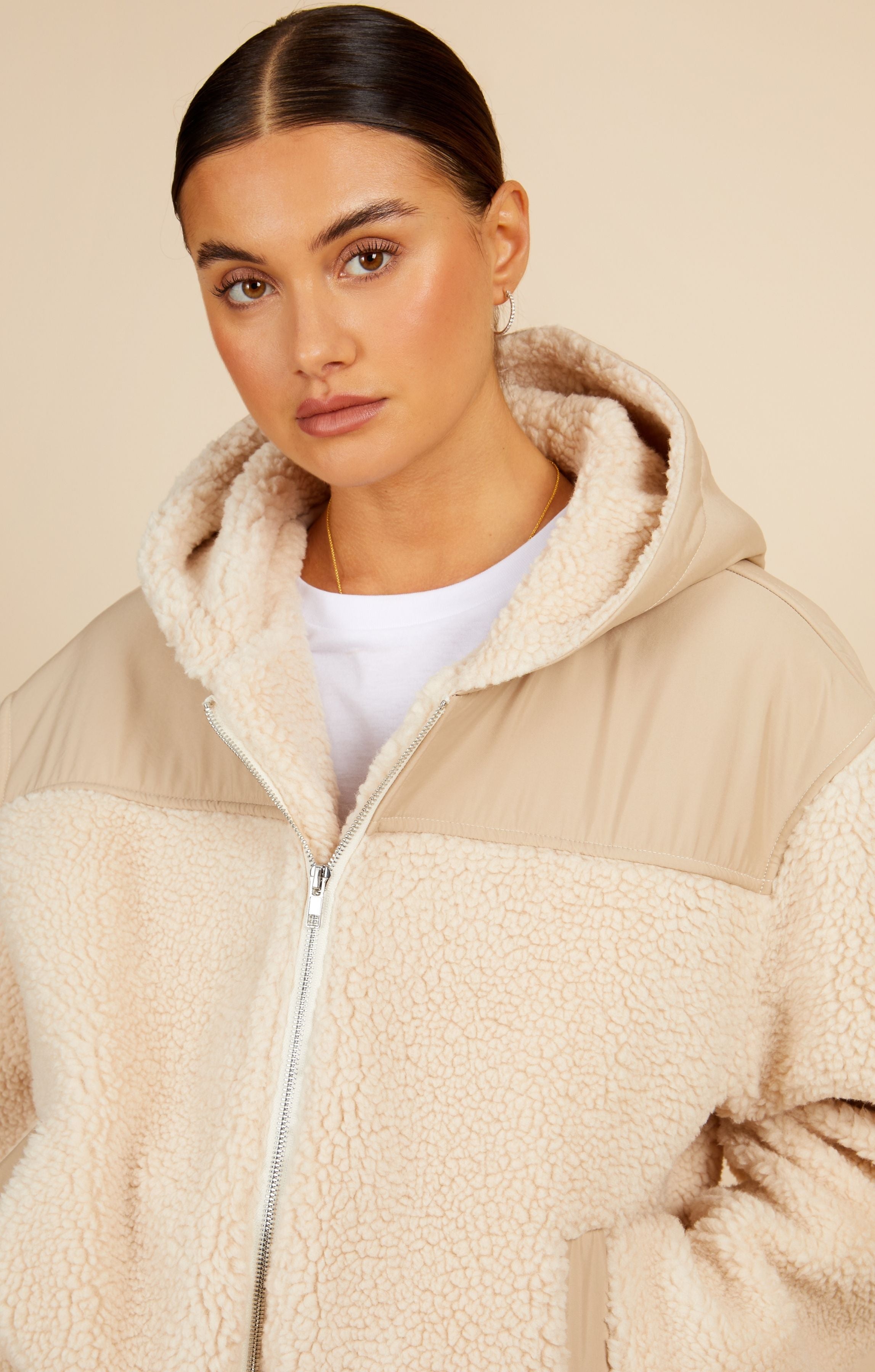 Little Mistress Cream Borg Hooded Jacket By Vogue Williams product image