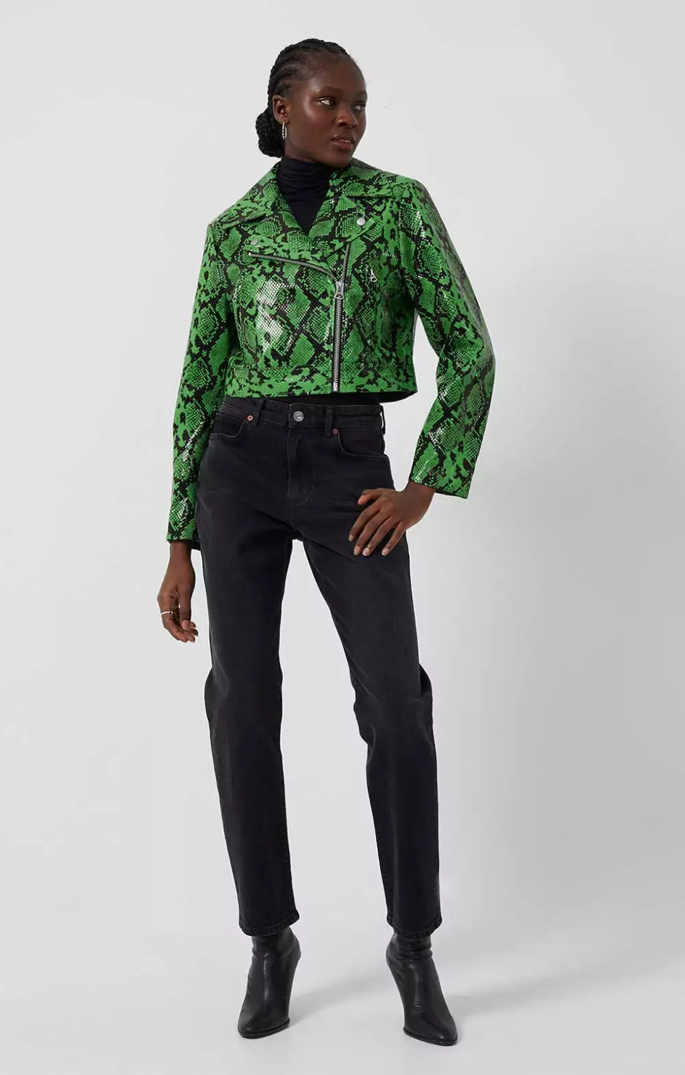French Connection Elisa Snake Vegan Leather Cropped Biker