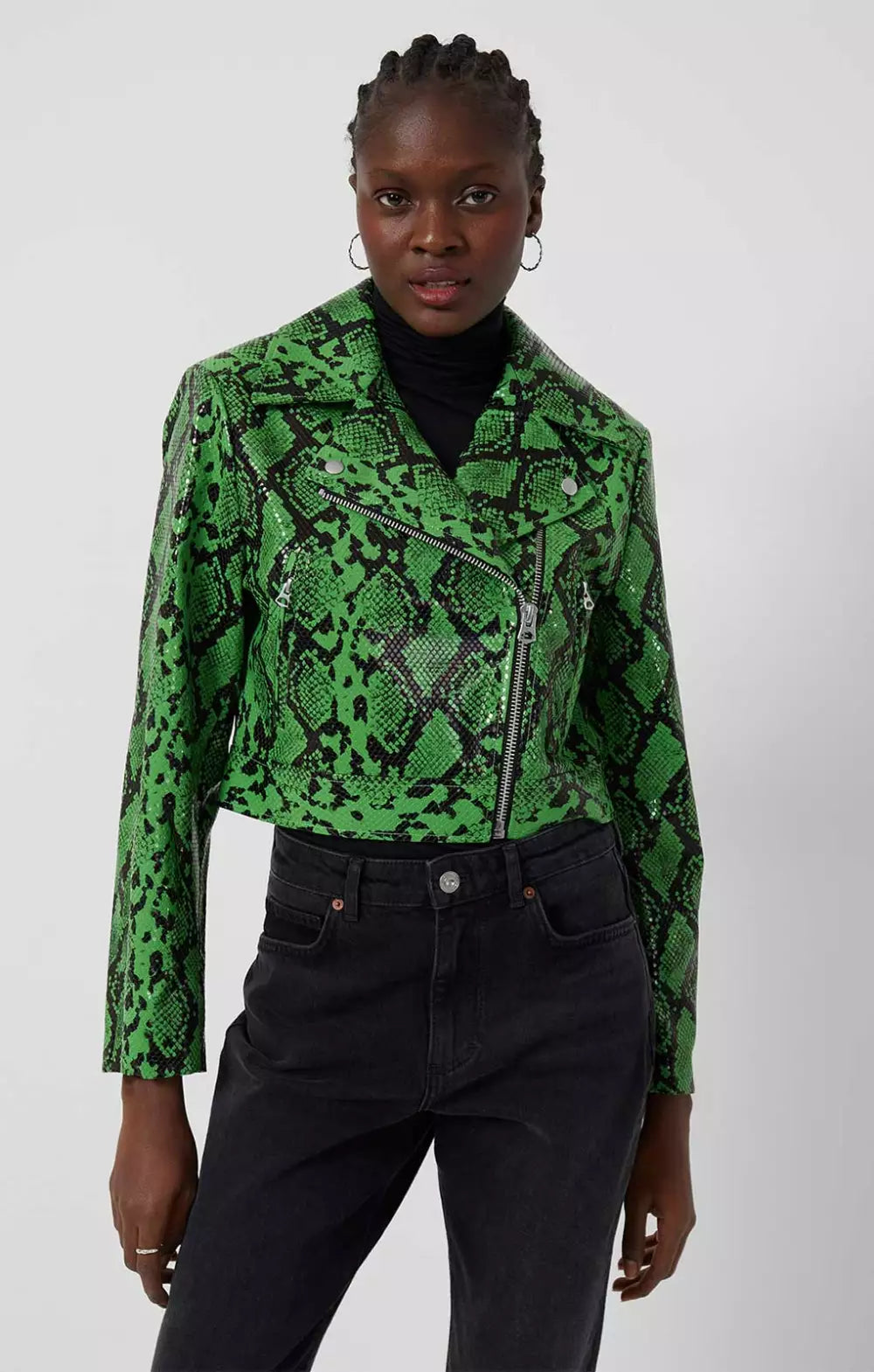 French Connection Elisa Snake Vegan Leather Cropped Biker