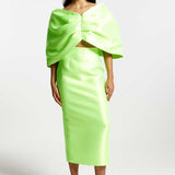 River Island Lime Green Satin Cropped Bardot Top & Midi Skirt Co-Ord