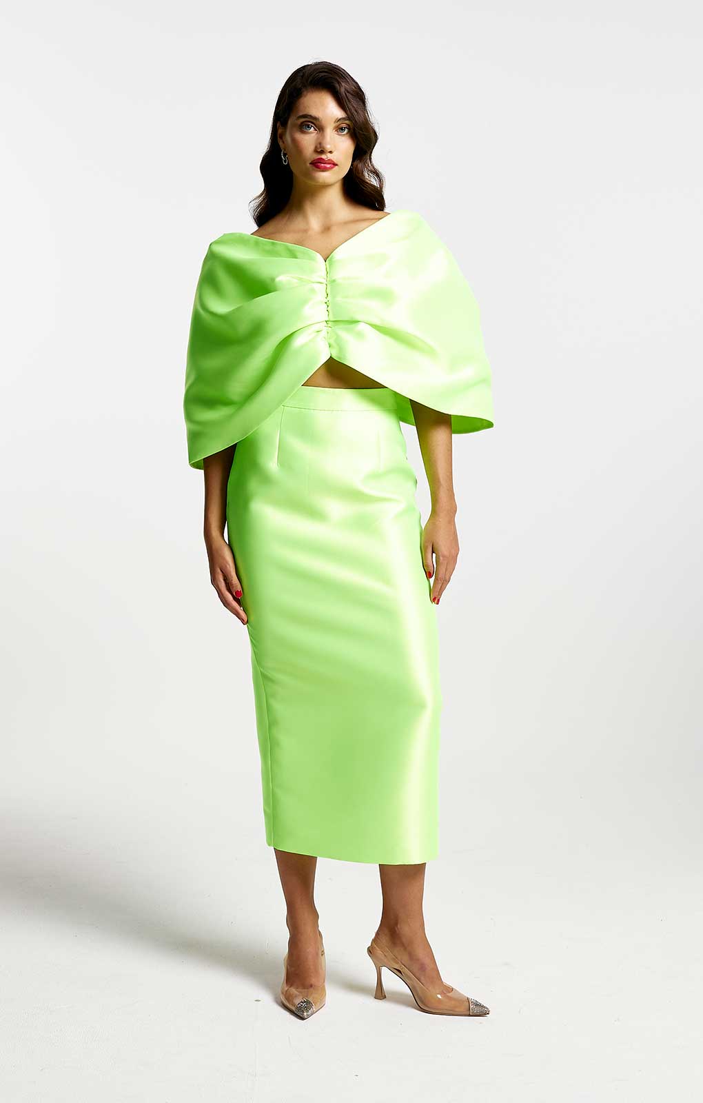 River Island Lime Green Satin Cropped Bardot Top & Midi Skirt Co-Ord