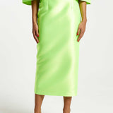 River Island Lime Green Satin Cropped Bardot Top & Midi Skirt Co-Ord