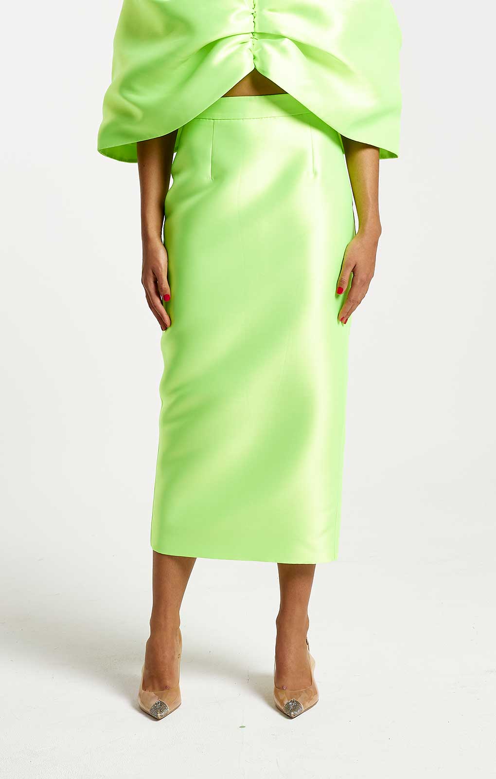 River Island Lime Green Satin Cropped Bardot Top & Midi Skirt Co-Ord