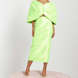 River Island Lime Green Satin Cropped Bardot Top & Midi Skirt Co-Ord