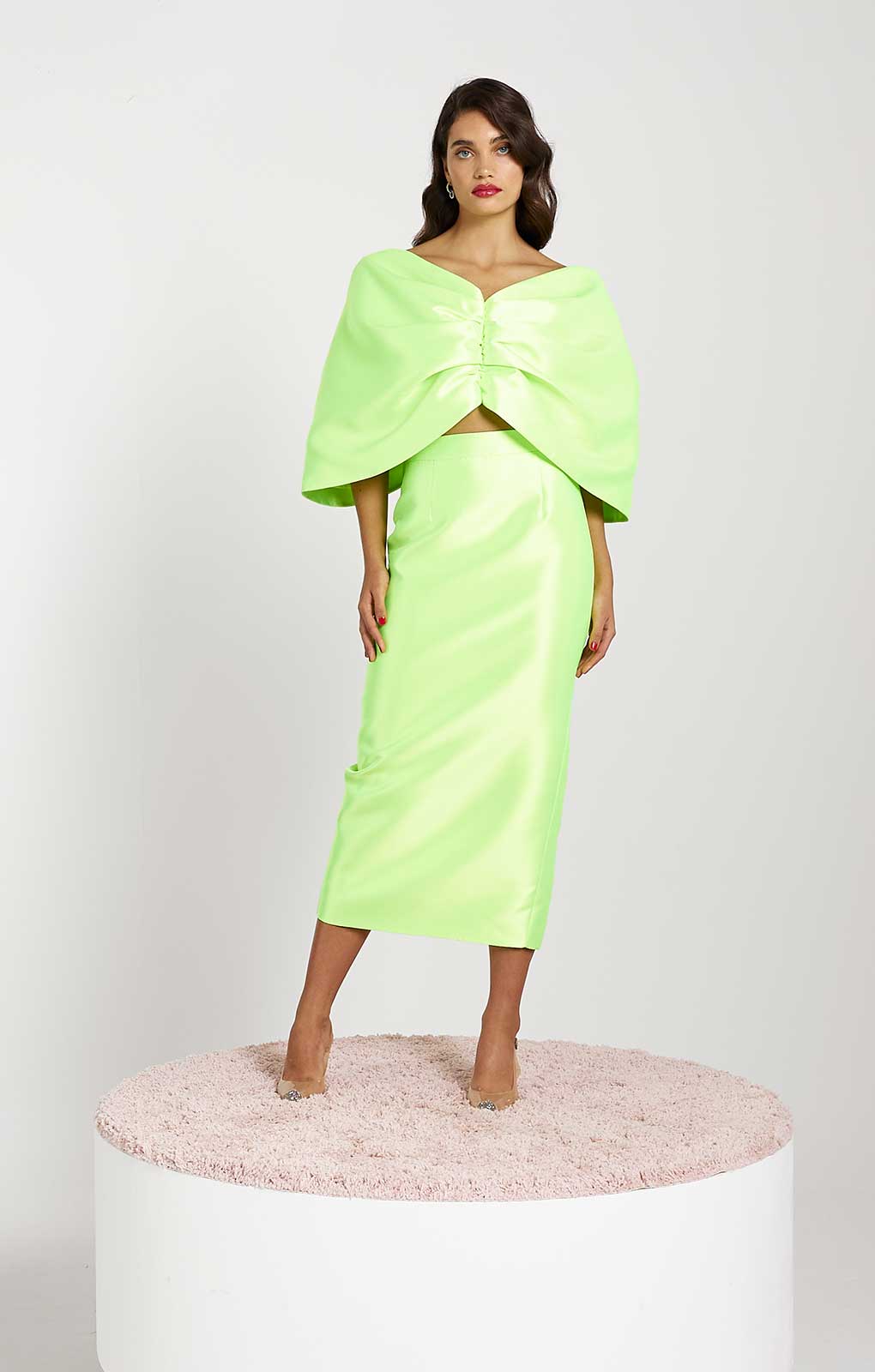 River Island Lime Green Satin Cropped Bardot Top & Midi Skirt Co-Ord