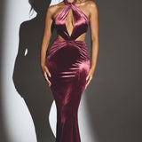 Oh Polly Adriana Velvet Halter Neck Maxi Dress in Wine