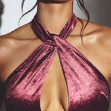 Oh Polly Adriana Velvet Halter Neck Maxi Dress in Wine