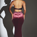 Oh Polly Adriana Velvet Halter Neck Maxi Dress in Wine