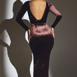 Oh Polly Ginevra Velvet Long Sleeve Maxi Dress in Brown