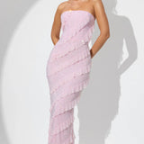 Oh Polly Dulce Embellished Strapless Ruffle Maxi Dress in Soft Pink