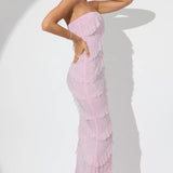 Oh Polly Dulce Embellished Strapless Ruffle Maxi Dress in Soft Pink