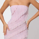 Oh Polly Dulce Embellished Strapless Ruffle Maxi Dress in Soft Pink