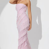 Oh Polly Dulce Embellished Strapless Ruffle Maxi Dress in Soft Pink