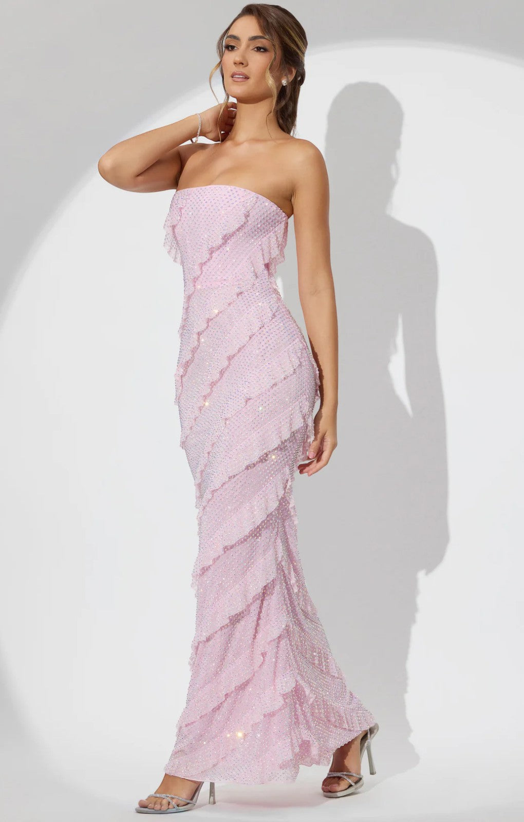 Oh Polly Dulce Embellished Strapless Ruffle Maxi Dress in Soft Pink