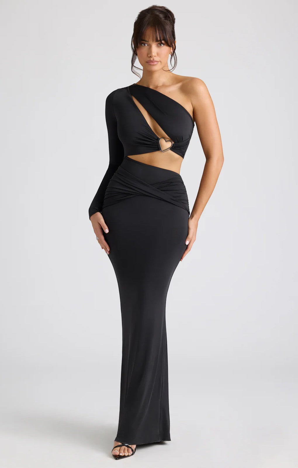 Oh Polly Estela Single Sleeve Cut Out Evening Gown in Black