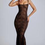 Oh Polly Marietta Sheer Lace Fishtail Gown in Black