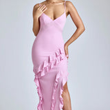 Oh Polly Aurelie Panelled Ruffle Evening Gown in Pink